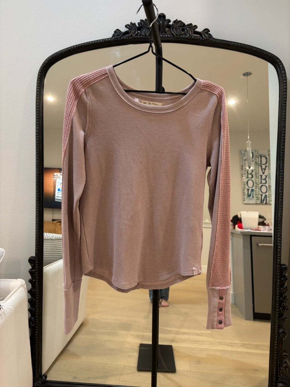 Free People Long-Sleeve Waffle Knit Top in Dusty Rose with Button Cuffs